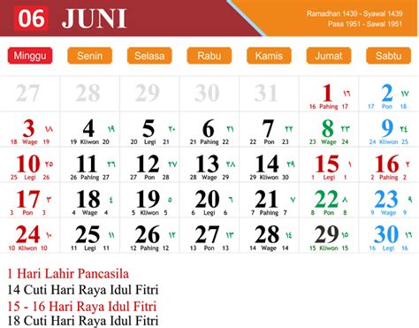 Kalender 2018 Bulan Juni