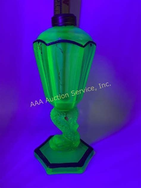 uranium green glass dolphin stem whale oil lamp live and online auctions on