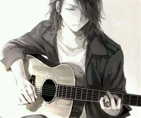 Anime guy with a guitar rinsh black and white anime guy playing the quitar boy with long dark hair me and my guitar play my way it makes them frown. Anime guy playing a guitar | Anime guys | Pinterest | To ...