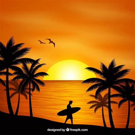 Premium Vector Flat Sunset Background With Palm Trees Arte De Sol