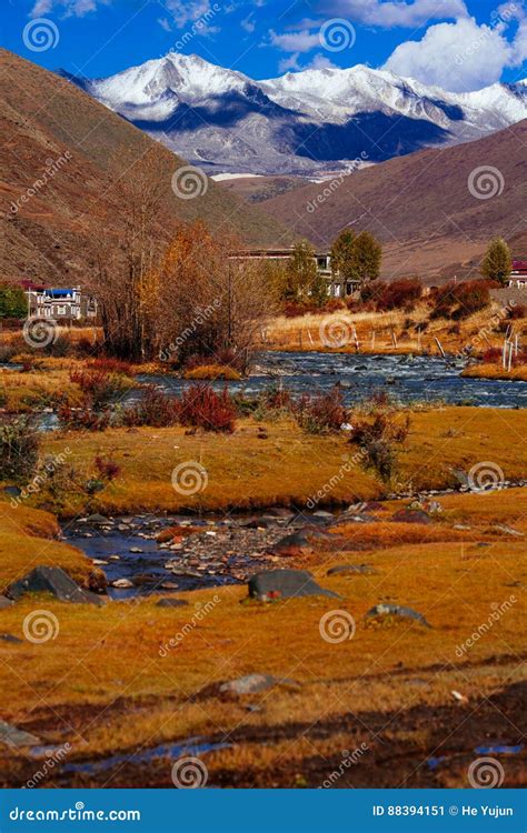 Mountains And Blue Sky On Tibetan Plateau Stock Image Image Of Flags