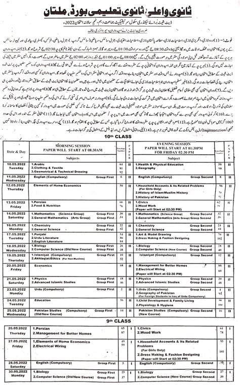 10th Class Date Sheet 2023 Bise Multan Board