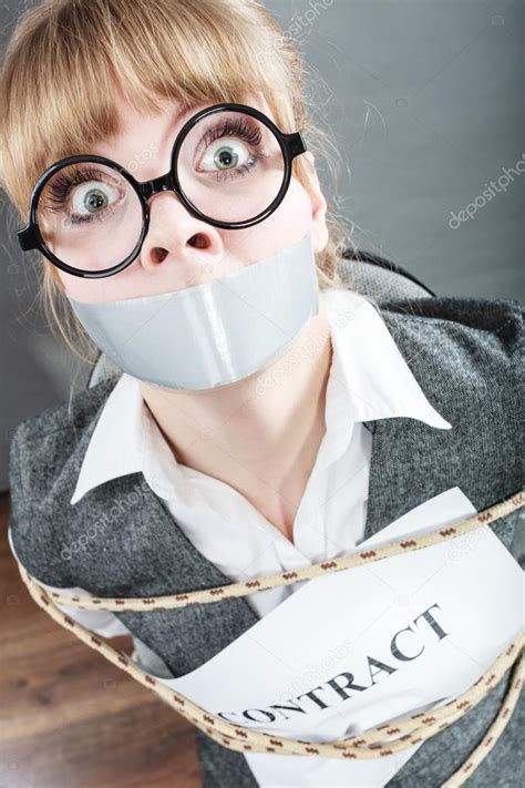 Businesswoman Bound By Contract With Taped Mouth Stock Photo By