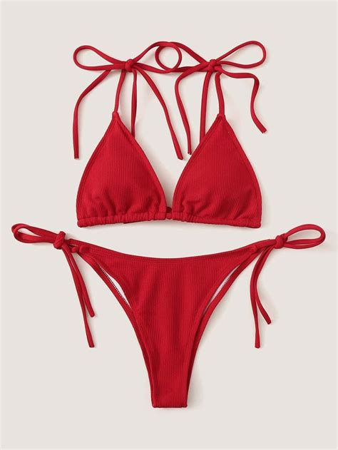 Rib Knit Red Swimsuit Triangle Cami Top With Tie Side Bikini Bottom