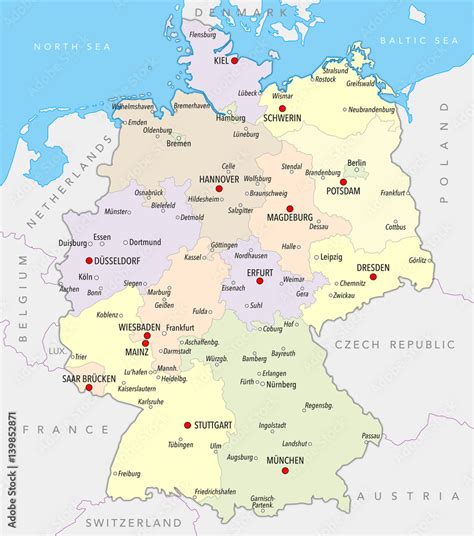 Map Of Germany With Cities And Provinces In Pastel Colors Stock