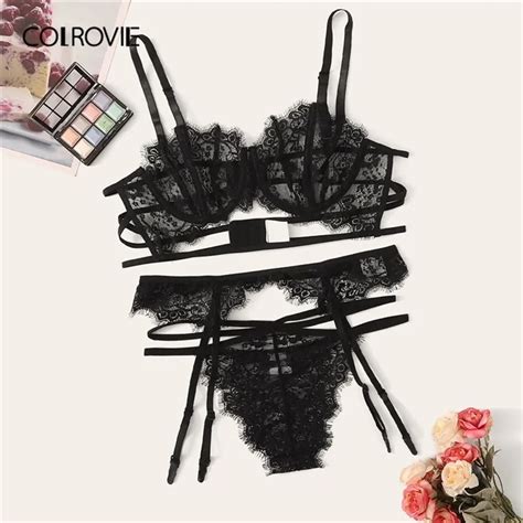colrovie black lace sheer black garter lingerie lingerie set sexy floral bra and thong for women