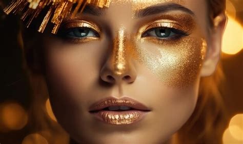 Premium AI Image Art Gold Skin Girl Face Portrait Closeup Lady With Holiday Glamour Shiny