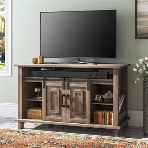 Wampat Farmhouse Sliding Barn Door Tv Stand Gray Wood Tv Stands For 60
