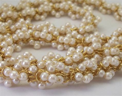 Vintage Pearl Cluster Twist Gold Tone Rope Necklace 24 Inch Long Small Faux Pearl Bead Clusters
