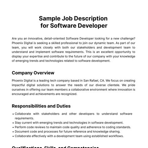 Sample Job Description For Software Developer Template Edit Online
