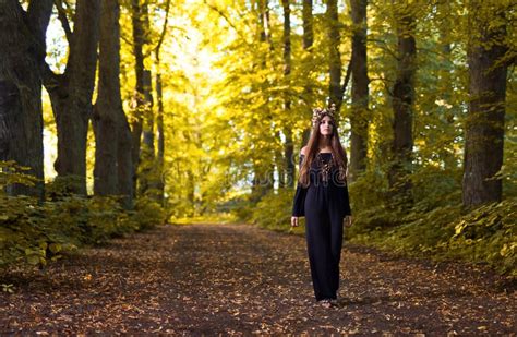 Young Witch In The Autumn Forest Stock Image Image Of Female Hovel