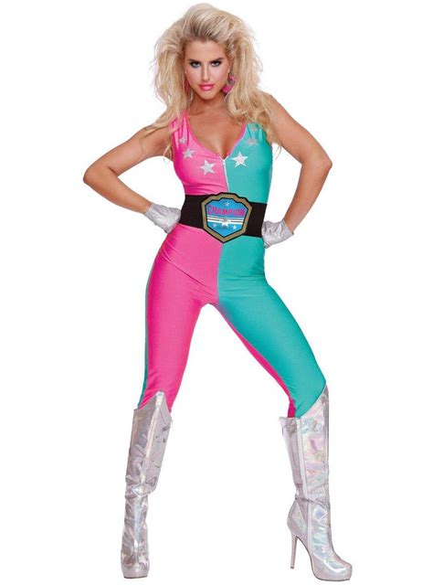 Womens Retro Wrestling Champ Costume Pink And Blue Wrestler Costume