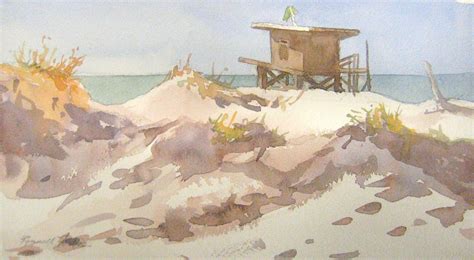 Original Watercolor Sand Dunes Beach Ocean And Life Guard