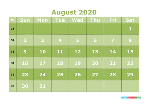 Free Printable August 2020 Calendar Word Pdf