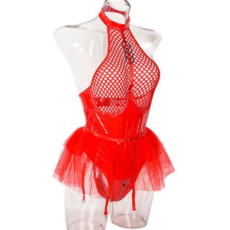 Dropship Sexy Patent Leather One Piece Mesh Backless See Through Sexy Lingerie Set To Sell