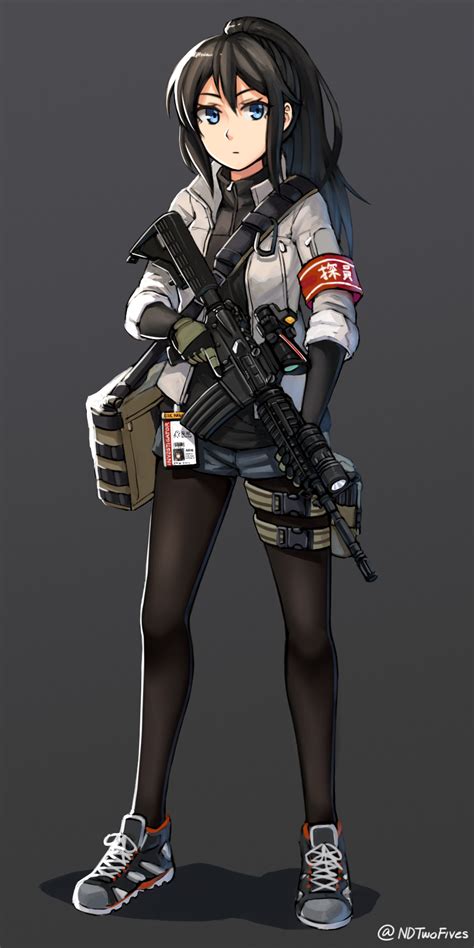 Safebooru 1girl Armband Assault Rifle Bag Black Hair Black Legwear