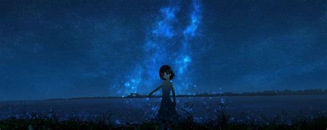 Download Wallpaper 2560x1024 Girl Night Starry Sky Anime Ultrawide