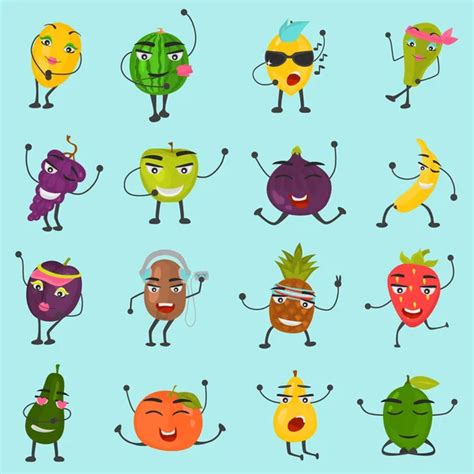 Funny Fruits Make Fitness Exercises Vector Cartoon Set With Diet Foods