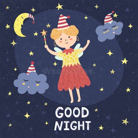 Good Night Card With A Cute Fairy And Sleepy Clouds Stock Vector