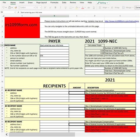 1099 Nec Excel Template For Printing Onto Irs Form 2022 Etsy