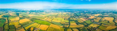Aerial Panorama Patchwork Quilt Green Fields Golden Crops Farms Pasture