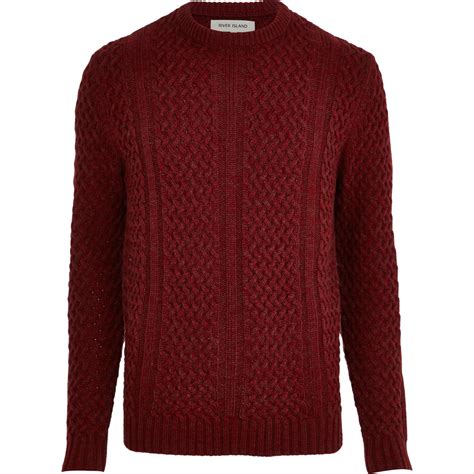 River Island Dark Red Cable Knit Crew Neck Sweater In Red