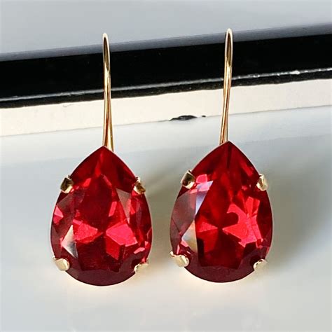 Red Rose Crystal Teardrops In Gold Bezels On Gold Lever Back Earrings