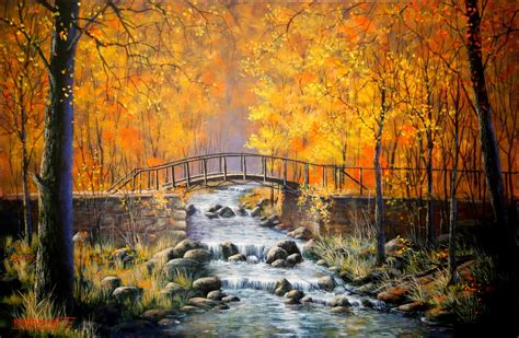 Download Stream River Forest Bridge Tree Fall Artistic Painting