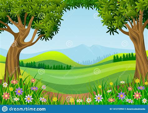 Landscape With Blue Sky, Green Hills, Trees And Flowers In The Foreground. Illustration. Stock ...