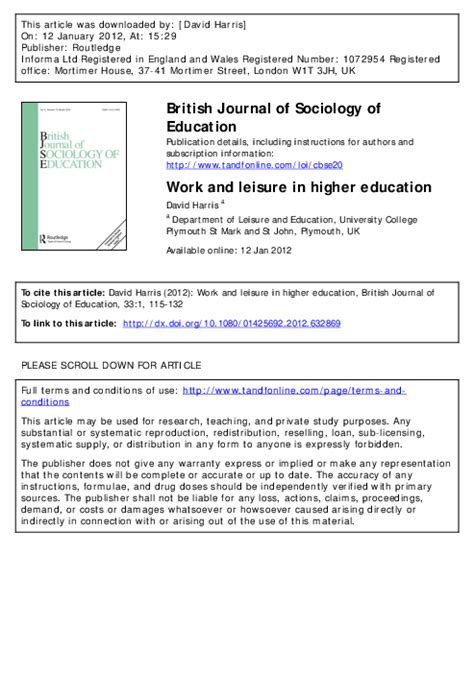 Pdf British Journal Of Sociology Of Education Work And Leisure In