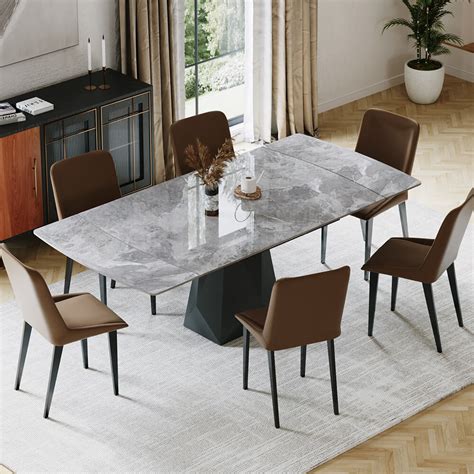 Gray Glossy Sintered Stone Dining Table With Leaf