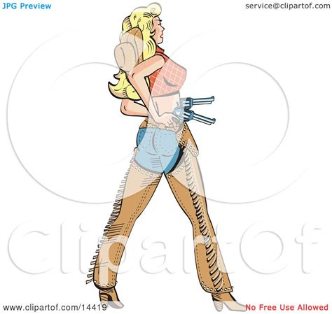Sexy Blond Cowgirl In Chaps Drawing Her Pistils Clipart Illustration