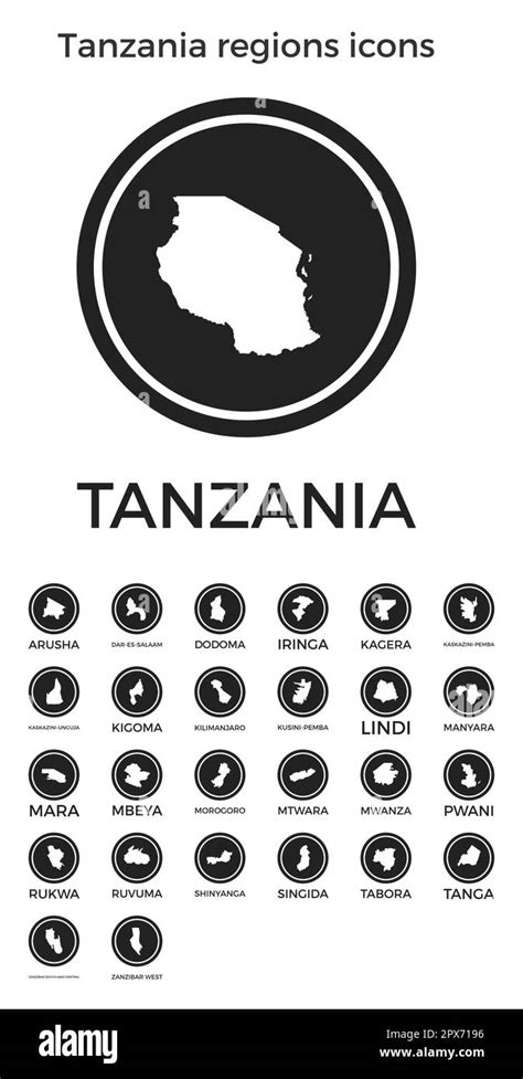 Tanzania Regions Icons Black Round Logos With Country Regions Maps And
