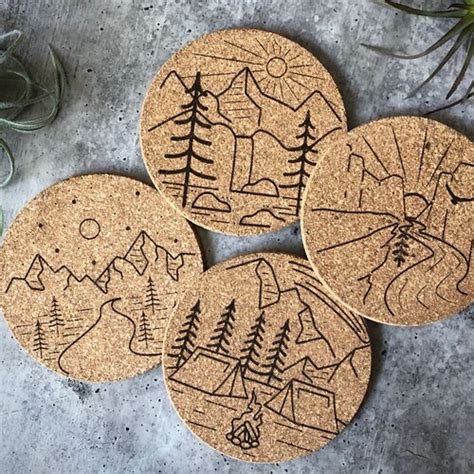 Mountains 1 Themed Laser Engraved Cork Coasters Set Etsy