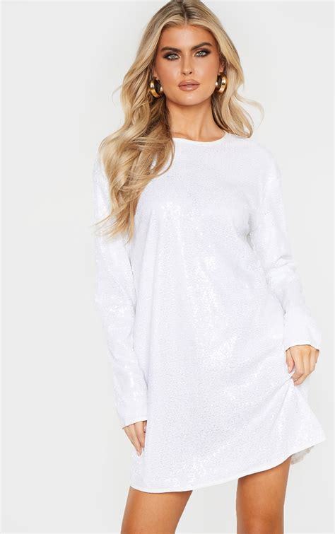 Tall White Sequin Long Sleeve Shift Dress Prettylittlething Aus