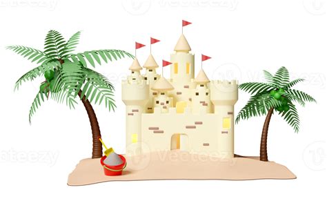 Sand Castle With Towers Fort Gates And Flags Sandy Beach Palms Tree