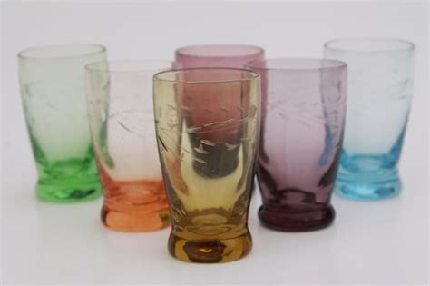Vintage Colored Glass Shot Glasses Set Bohemian Etched Glass Shots W Art Deco Caddy Rack