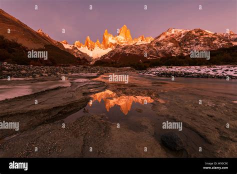 Mountain Range With Cerro Torre And Fitz Roy At Sunrise Reflected Los