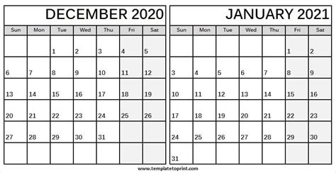 December 2020 January 2021 Calendar Printable • Printable Blank