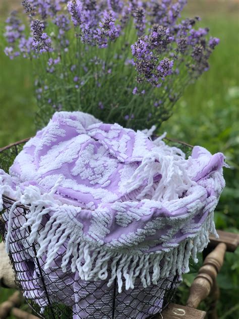 Lavender And White Chenille Bedspread Piece Chenille Fabric Etsy