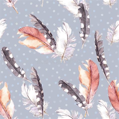 Vintage Feathers Drawing Watercolor Seamless Pattern Background With