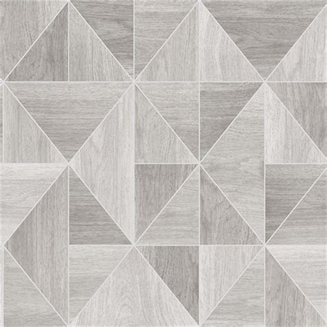An abstract art piece hangs from a wall clad in white and gray geometric wallpaper over a black dresser finished with brass and glass pulls. 2836-24960 | Corin Light Grey Wood Geometric Wallpaper ...