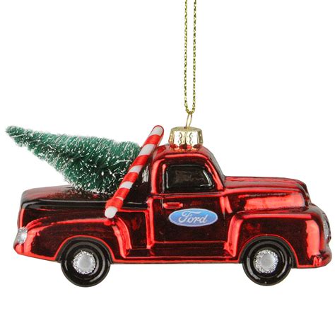 4 Red Ford Truck With Christmas Tree Glass Ornament Red Ford Pickup