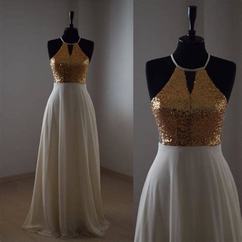 Charming Chiffon With Top Gold Sequin Bridesmaid Dress Handmade Gold