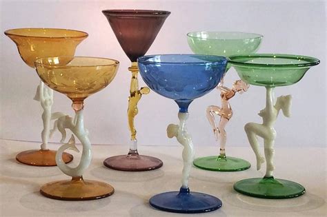 Art Deco Set Of Six Austrian Bimini Nude Mermaid Stem Glasses And