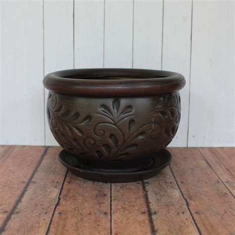 Vintage Stoneware Planter With Underplate Brown With Floral Flower Vine