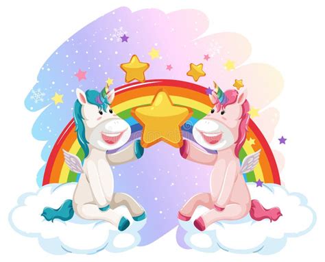Two Unicorns Sitting On Clouds With Rainbow Stock Vector Illustration