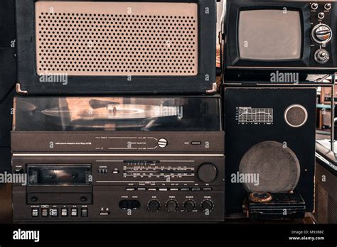 Old Vintage Audio System With Radio Cassette Tape Recorder Record