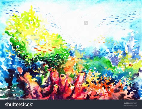 Carolyn steele painting tropical art print, coral reef, caribbean coral reef, two comical blennies in sea sponges : Underwater Landscape With Coral Reef Watercolor Painted ...