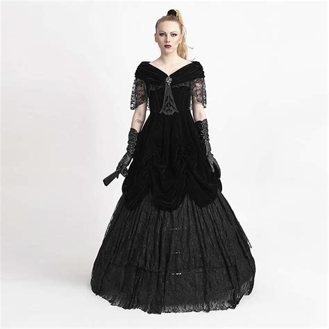 punk rave gothic black sexy deep v neck velveteen long dress steampunk off shoulder lace party